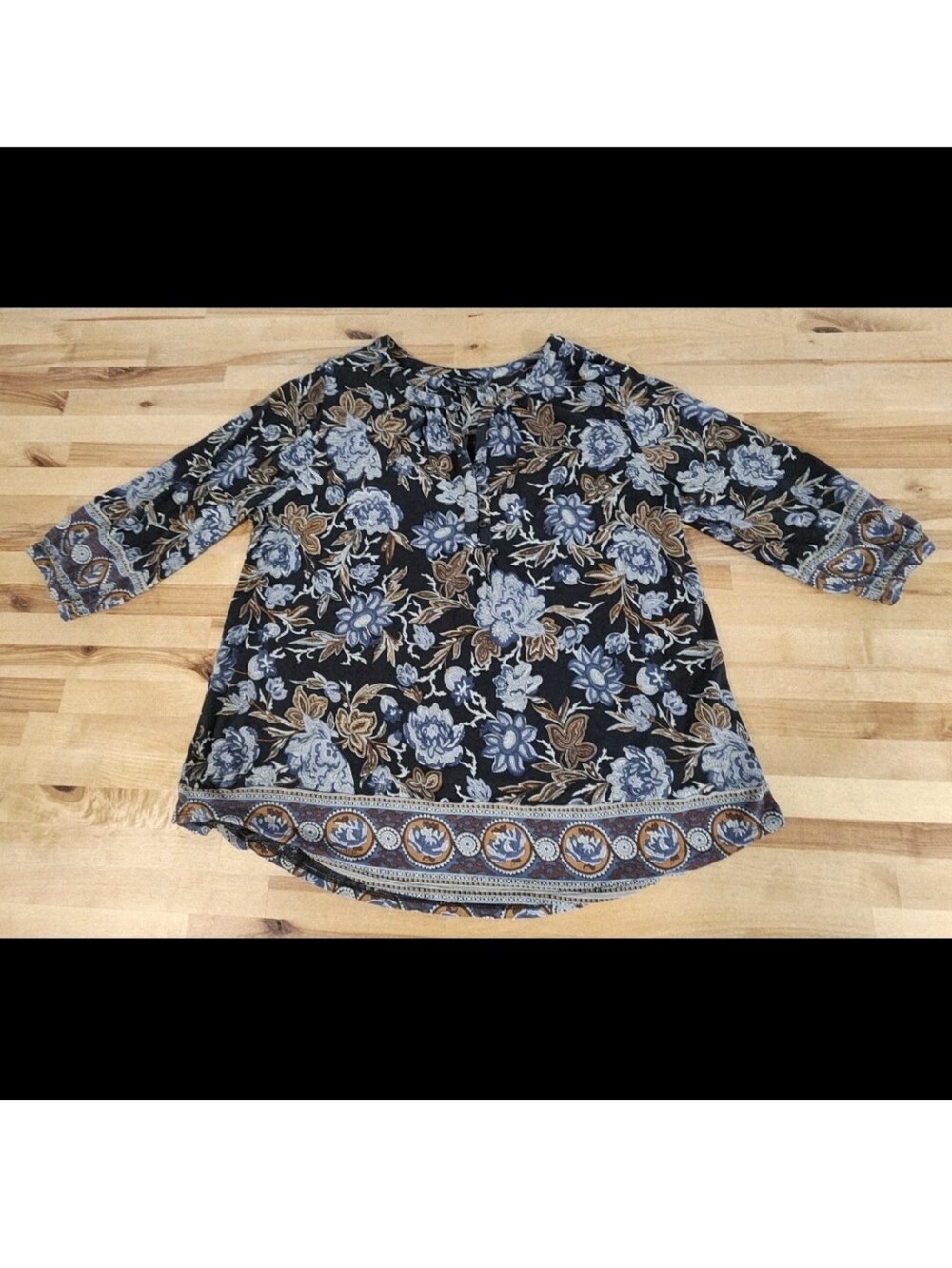 Lucky Brand Black Boho Peasant Top Size 1X Blue Brown Floral Print